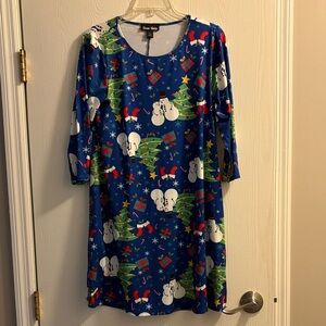 Festive Blue Christmas Dress with Snowman Print